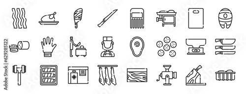 set of 24 outline web butcher icons such as bacon strips, chicken, mutton, boning knife, meat claw, meat grinder, cutting board vector icons for report, presentation, diagram, web design, mobile app