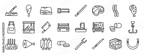 set of 24 outline web butcher icons such as sharpening stone, chicken, butcher, hand saw, slicer, sirloin steak, sausages vector icons for report, presentation, diagram, web design, mobile app photo