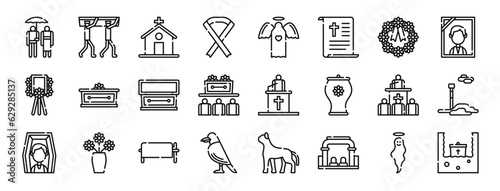 set of 24 outline web funeral icons such as people, people, church, black ribbon, angel, speech, wreath vector icons for report, presentation, diagram, web design, mobile app