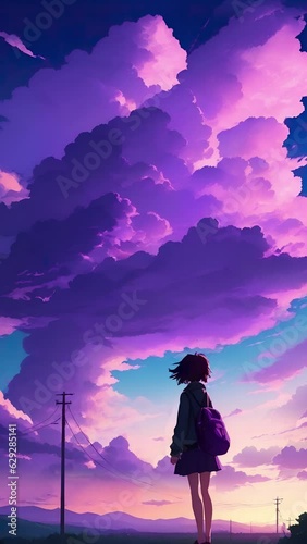 Slow flying clouds anime girl staring at skies. Vertical video backgrounds. Sundown cloudy weather. Colourful dreamy atmosphere Japan scenery. Manga chill lofi hip-hop artwork aesthetic. Seamless loop