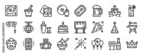 set of 24 outline web event icons such as record player  champagne  picture  vinyl  ticket  beer mug  drum vector icons for report  presentation  diagram  web design  mobile app