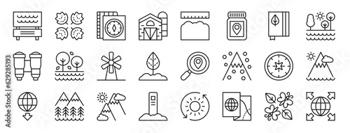 set of 24 outline web geography icons such as park, leaves, map, barn, geology, medicine, journal vector icons for report, presentation, diagram, web design, mobile app
