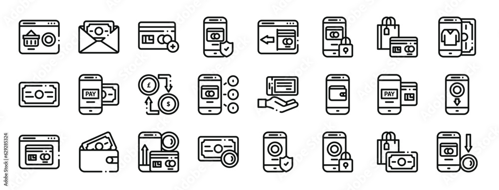 set of 24 outline web payment icons such as online shop, money, credit card, payment method, credit card, payment method, method vector icons for report, presentation, diagram, web design, mobile
