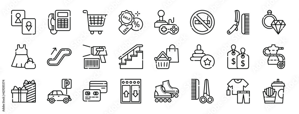 set of 24 outline web mall icons such as wc, phone, shopping cart, sales, recreational, no smoking, shave vector icons for report, presentation, diagram, web design, mobile app