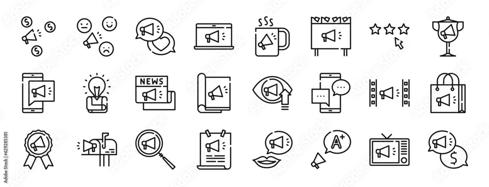 set of 24 outline web advertisement icons such as megaphone, feedback, chat, laptop, mug, billboard, rating vector icons for report, presentation, diagram, web design, mobile app