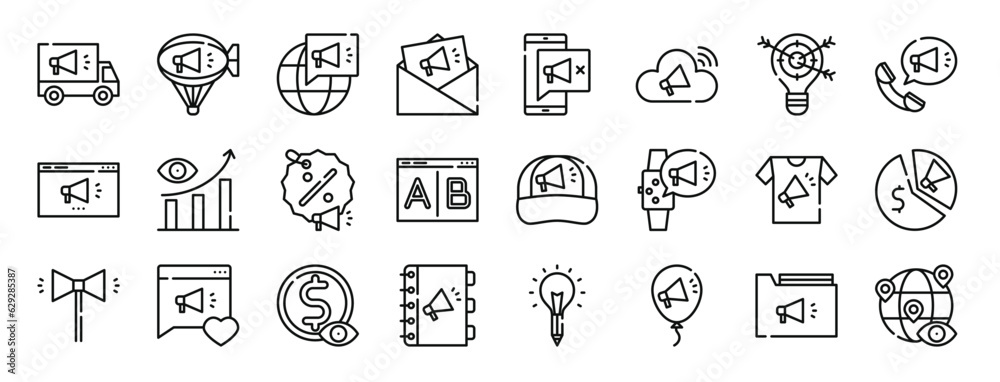 set of 24 outline web advertisement icons such as truck, zeppelin, , mail, ad block, cloud, idea vector icons for report, presentation, diagram, web design, mobile app