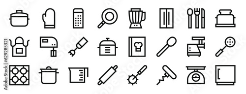 set of 24 outline web cooking icons such as pot, mitten, grater, pan, mixer, fridge, cutlery vector icons for report, presentation, diagram, web design, mobile app