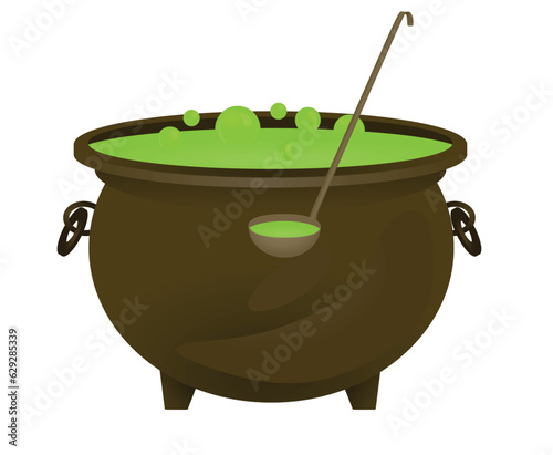 Witch cauldron with hot green potion 