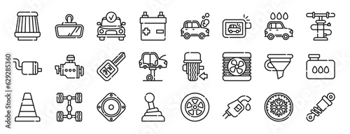 set of 24 outline web car repair icons such as air filter, rearview mirror, diagtic, battery, breakdown, car, car vector icons for report, presentation, diagram, web design, mobile app