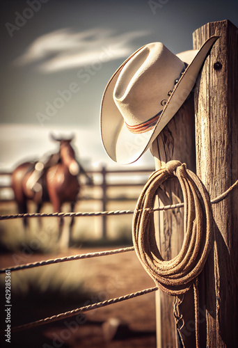 A cowboy hat and lasso hang from the ranch's wooden fence. AI generated. photo