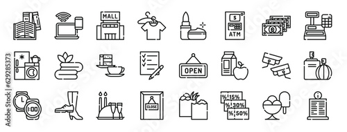 set of 24 outline web mall icons such as book shop, wifi, mall, hanger, cosmetics, atm, cash vector icons for report, presentation, diagram, web design, mobile app