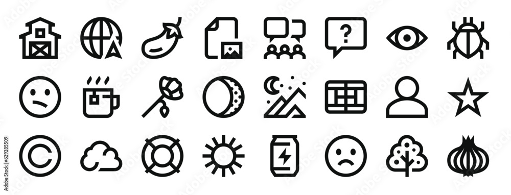 set of 24 outline web miscellaneous icons such as barn, internet, eggplant, image, meeting, question, eye vector icons for report, presentation, diagram, web design, mobile app