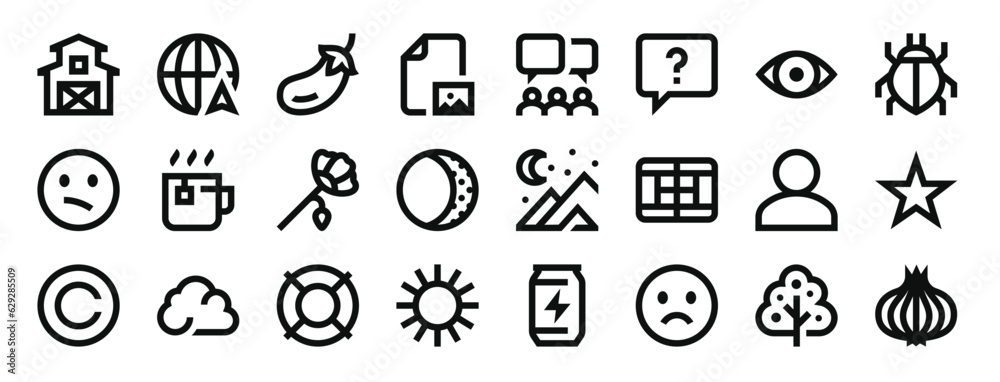 set of 24 outline web miscellaneous icons such as barn, internet, eggplant, image, meeting, question, eye vector icons for report, presentation, diagram, web design, mobile app set of 24 outline web miscellaneous icons such as barn, internet, eggplant, image, meeting, question, eye vector icons for report, presentation, diagram, web design, mobile app