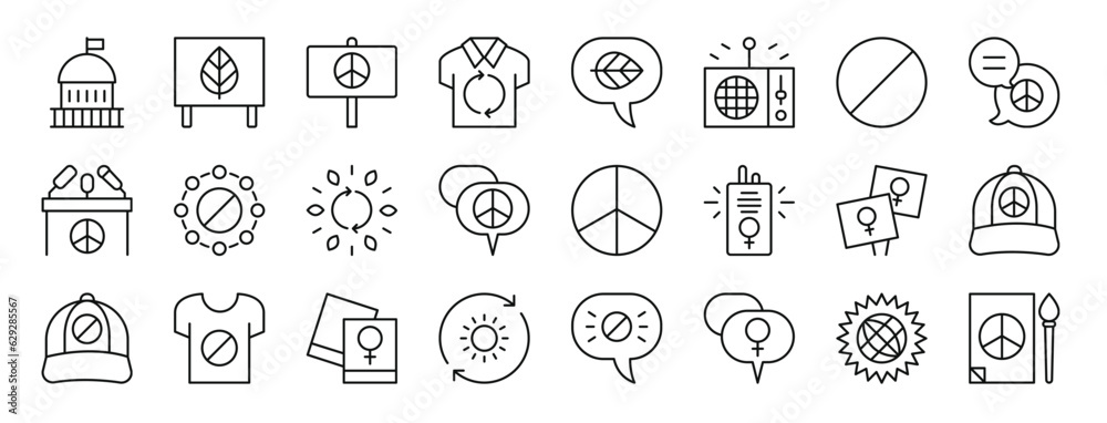 set of 24 outline web activist icons such as parliament, leaf, banner, tshirt, ecology, radio, ban vector icons for report, presentation, diagram, web design, mobile app