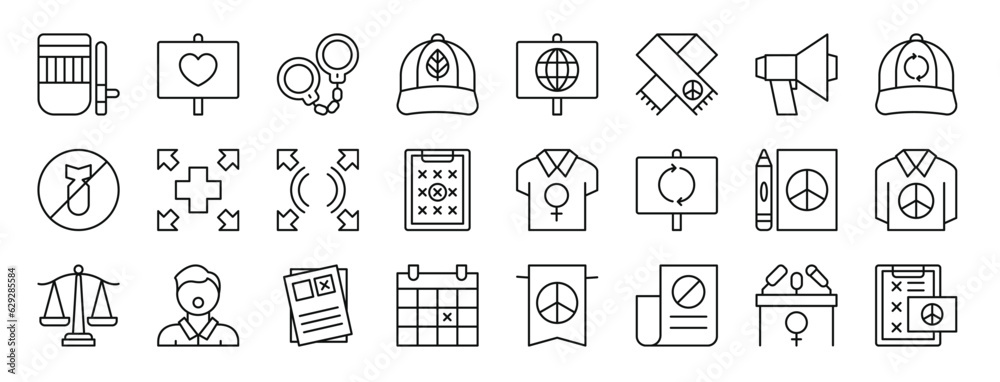 set of 24 outline web activist icons such as riot, love, handcuffs, cap, , scarf, megaphone vector icons for report, presentation, diagram, web design, mobile app