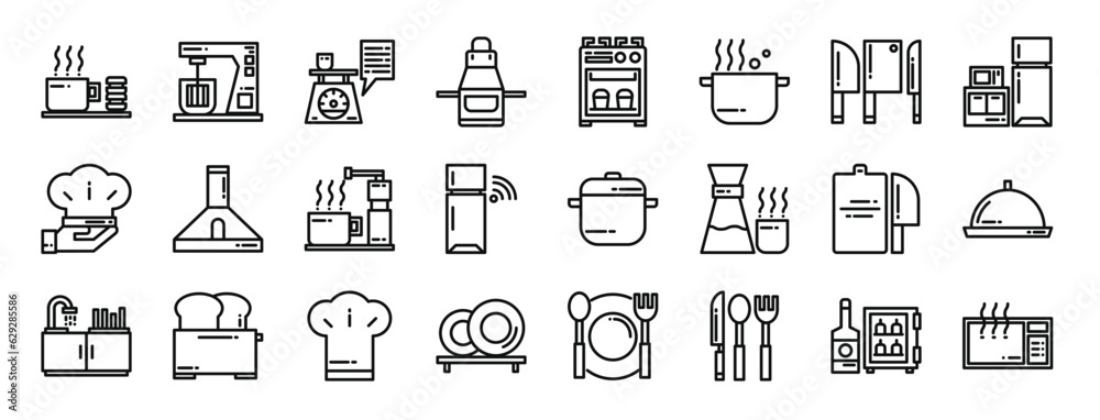 set of 24 outline web kitchen icons such as coffee, mixer, scale, apron, stove, pot, knifes vector icons for report, presentation, diagram, web design, mobile app