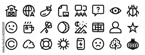 set of 24 outline web miscellaneous icons such as barn  internet  eggplant  image  meeting  question  eye vector icons for report  presentation  diagram  web design  mobile app