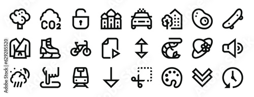 set of 24 outline web miscellaneous icons such as broccoli, co, open padlock, mosque, taxi, building, fried egg vector icons for report, presentation, diagram, web design, mobile app