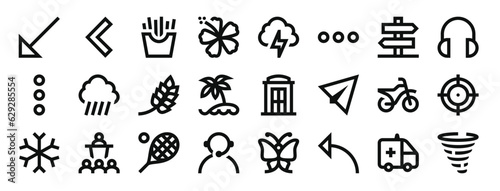 set of 24 outline web miscellaneous icons such as diagonal arrow, left chevron, french fries, flower, storm, menu, panels vector icons for report, presentation, diagram, web design, mobile app