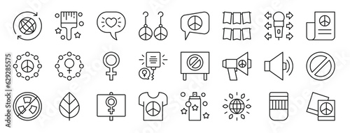 set of 24 outline web activist icons such as globe, paintbrush, love, earrings, peace, garlands, microphone vector icons for report, presentation, diagram, web design, mobile app