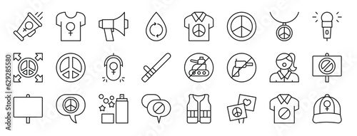 set of 24 outline web activist icons such as megaphone, tshirt, megaphone, water, tshirt, peace, necklace vector icons for report, presentation, diagram, web design, mobile app