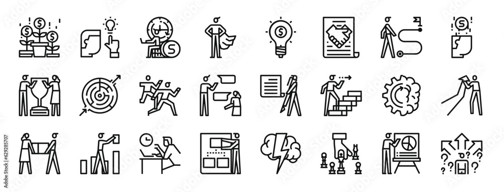 set of 24 outline web business strategy icons such as growth, creative, business, boss, light, handshake, goal vector icons for report, presentation, diagram, web design, mobile app set of 24 outline web business strategy icons such as growth, creative, business, boss, light, handshake, goal vector icons for report, presentation, diagram, web design, mobile app