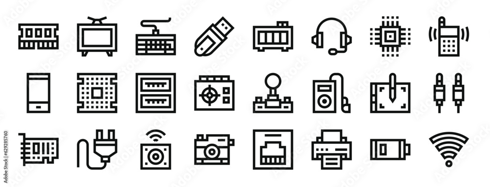 set of 24 outline web hardware icons such as ram, tv, keyboard, usb, quality, headphones, cpu vector icons for report, presentation, diagram, web design, mobile app set of 24 outline web hardware icons such as ram, tv, keyboard, usb, quality, headphones, cpu vector icons for report, presentation, diagram, web design, mobile app