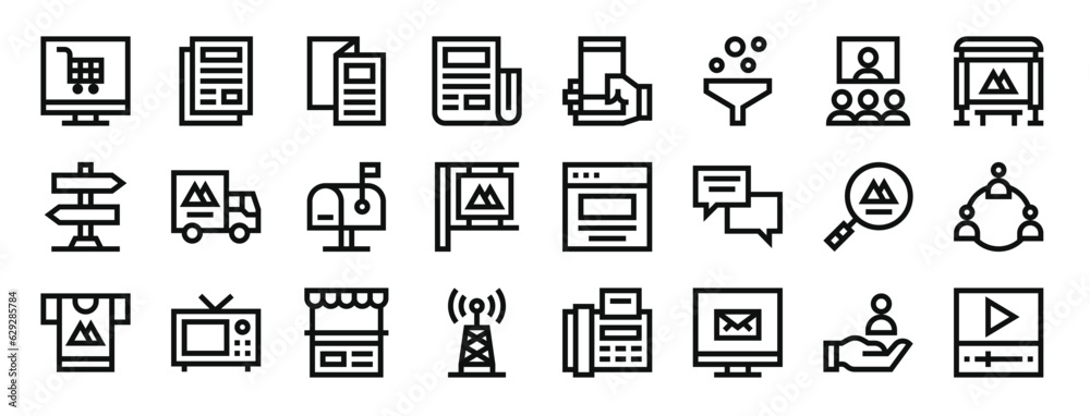 set of 24 outline web advertising icons such as online shopping, content, brochure, newspaper, advertising, funnel, videocall vector icons for report, presentation, diagram, web design, mobile app set of 24 outline web advertising icons such as online shopping, content, brochure, newspaper, advertising, funnel, videocall vector icons for report, presentation, diagram, web design, mobile app