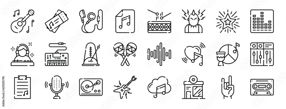 set of 24 outline web music icons such as ukelele, concert, headphones, music file, drum, punk, star vector icons for report, presentation, diagram, web design, mobile app