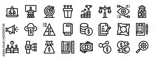 set of 24 outline web crowdfunding icons such as startup, presentation, target, speech, growth, balance, bionic eye vector icons for report, presentation, diagram, web design, mobile app