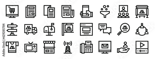 set of 24 outline web advertising icons such as online shopping, content, brochure, newspaper, advertising, funnel, videocall vector icons for report, presentation, diagram, web design, mobile app