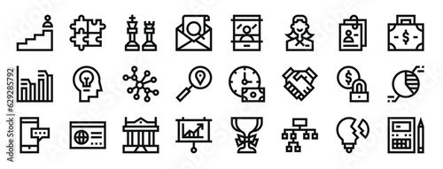 set of 24 outline web business administration icons such as stairs  puzzle  strategy  document  ticket window  businesswoman  paperclip vector icons for report  presentation  diagram  web design 