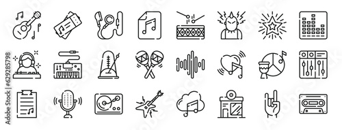 set of 24 outline web music icons such as ukelele, concert, headphones, music file, drum, punk, star vector icons for report, presentation, diagram, web design, mobile app