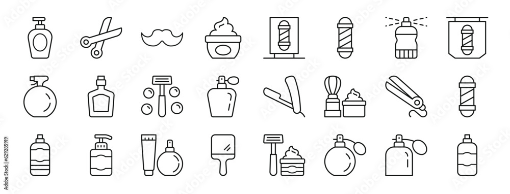 set of 24 outline web barber shop icons such as gel, scissors, moustache, gel, barber pole, barber pole, hair spray vector icons for report, presentation, diagram, web design, mobile app