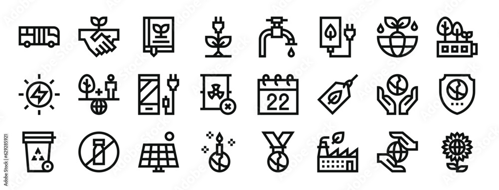 set of 24 outline web mother earth day icons such as bus, handshake, book, green energy, save water, green energy, earth vector icons for report, presentation, diagram, web design, mobile app