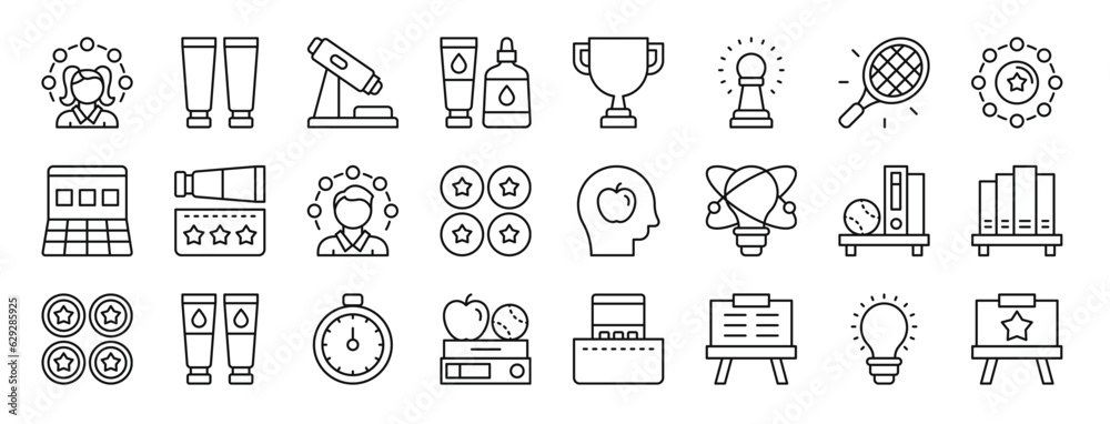 set of 24 outline web education icons such as student, paint tube, microscope, ink bottle, trophy, pawn, tennis racket vector icons for report, presentation, diagram, web design, mobile app set of 24 outline web education icons such as student, paint tube, microscope, ink bottle, trophy, pawn, tennis racket vector icons for report, presentation, diagram, web design, mobile app