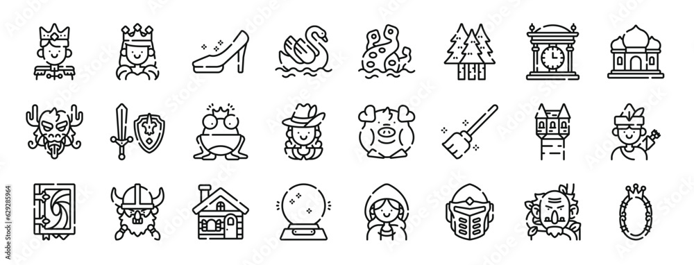 set of 24 outline web fairytale icons such as king, queen, cinderella shoe, swan, kraken, forest, clock vector icons for report, presentation, diagram, web design, mobile app