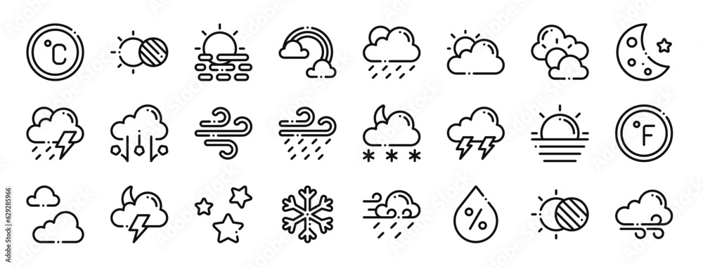 set of 24 outline web weather icons such as temperature, eclipse, haze, rainbow, slight rain, cloudy day, cloudy day vector icons for report, presentation, diagram, web design, mobile app set of 24 outline web weather icons such as temperature, eclipse, haze, rainbow, slight rain, cloudy day, cloudy day vector icons for report, presentation, diagram, web design, mobile app