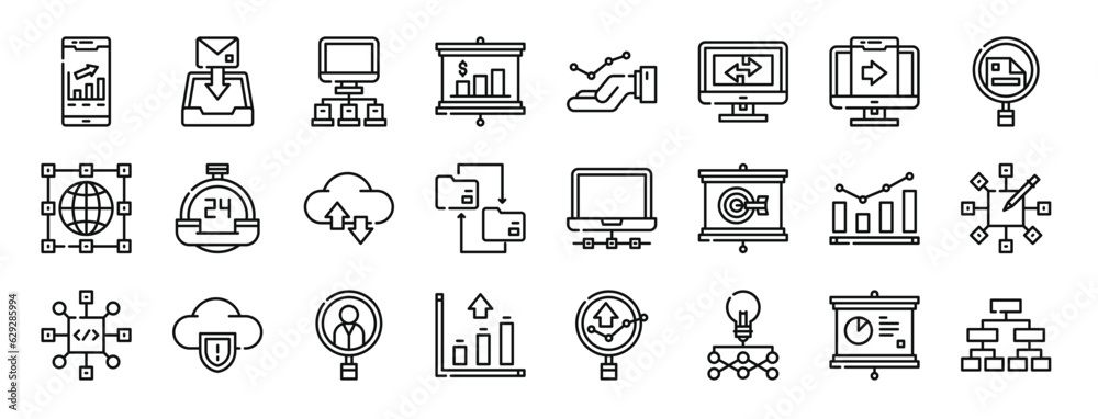 set of 24 outline web analytics icons such as analytics, download, server, analytics, computer, share vector icons for report, presentation, diagram, web design, mobile app
