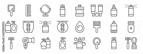 set of 24 outline web barber shop icons such as hand mirror, comb, mirror, hairspray, cologne, shaving foam, hair spray vector icons for report, presentation, diagram, web design, mobile app