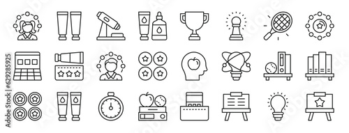 set of 24 outline web education icons such as student, paint tube, microscope, ink bottle, trophy, pawn, tennis racket vector icons for report, presentation, diagram, web design, mobile app