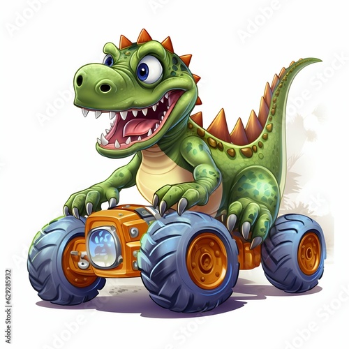Dinosaur on Monster Truck Isolated on White Background. Generative ai