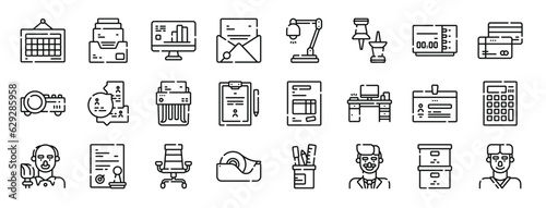 set of 24 outline web office icons such as calendar, inbox, analytics, email, desk lamp, push pin, alarm clock vector icons for report, presentation, diagram, web design, mobile app