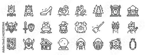 set of 24 outline web fairytale icons such as king, queen, cinderella shoe, swan, kraken, forest, clock vector icons for report, presentation, diagram, web design, mobile app