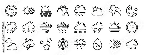 set of 24 outline web weather icons such as temperature  eclipse  haze  rainbow  slight rain  cloudy day  cloudy day vector icons for report  presentation  diagram  web design  mobile app