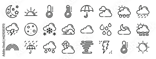 set of 24 outline web weather icons such as crescent, dawn, low temperature, high temperature, umbrella, cloudy, rainy vector icons for report, presentation, diagram, web design, mobile app