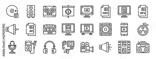 set of 24 outline web audio and video icons such as cd, speaker, recording, countdown, k, mov, computer vector icons for report, presentation, diagram, web design, mobile app