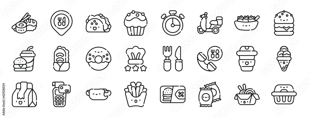 set of 24 outline web take away icons such as sushi, map point, taco, muffin, chronometer, motorcycle, takoyaki vector icons for report, presentation, diagram, web design, mobile app