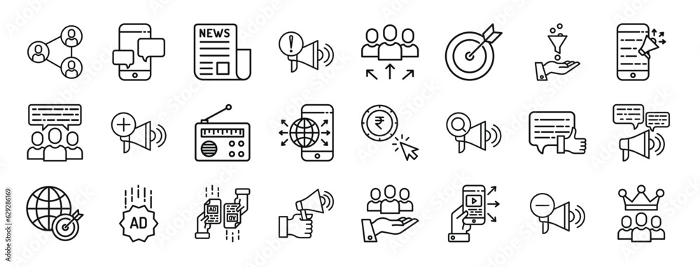 set of 24 outline web ads icons such as network, message, newspaper, ad, promote, strategy, ads vector icons for report, presentation, diagram, web design, mobile app