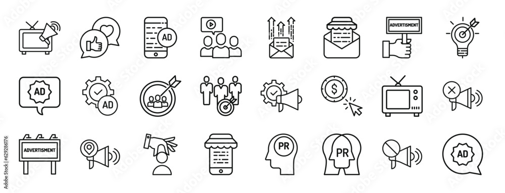 set of 24 outline web ads icons such as tv, like, ads, as, email, sale, ad vector icons for report, presentation, diagram, web design, mobile app